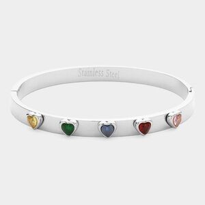 NEW Multicolor Heart Stone Pointed Silver Stainless Steel Hinged Bangle Bracelet